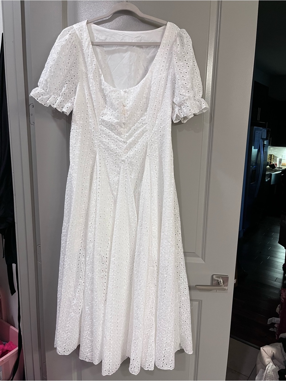 SHEIN White Eyelet Puff Sleeve Midi Dress